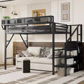Lit mezzanine blanc double XL avec escalier, lit mezzanine double en métal avec étagères de rangement et armoire pour enfants et adolescents