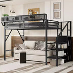 Lit mezzanine blanc double XL avec escalier, lit mezzanine double en métal avec étagères de rangement et armoire pour enfants et adolescents