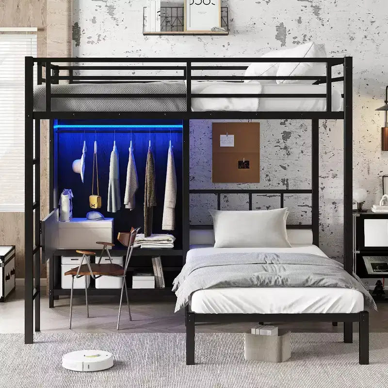 Lit superposé en métal Full XL au-dessus de jumeau avec bureau pliant, placard avec LED, peu encombrant/silencieux, noir