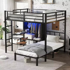 Lit superposé en métal Full XL au-dessus de jumeau avec bureau pliant, placard avec LED, peu encombrant/silencieux, noir