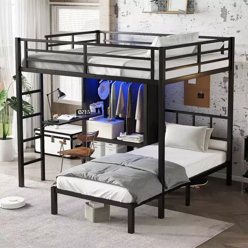 Lit superposé en métal Full XL au-dessus de jumeau avec bureau pliant, placard avec LED, peu encombrant/silencieux, noir