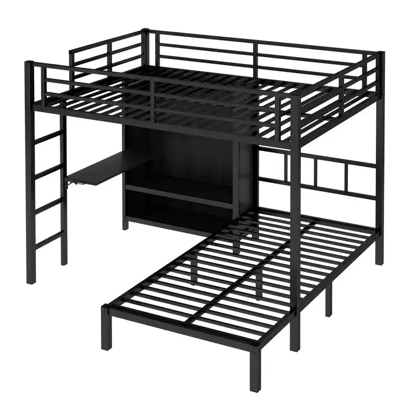 Lit superposé en métal Full XL au-dessus de jumeau avec bureau pliant, placard avec LED, peu encombrant/silencieux, noir