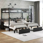 Lit superposé triple pour trois personnes XL au-dessus d'un lit simple et d'un lit simple avec tiroirs, lit en métal multifonctionnel, tête de lit avec étagère et port USB, noir
