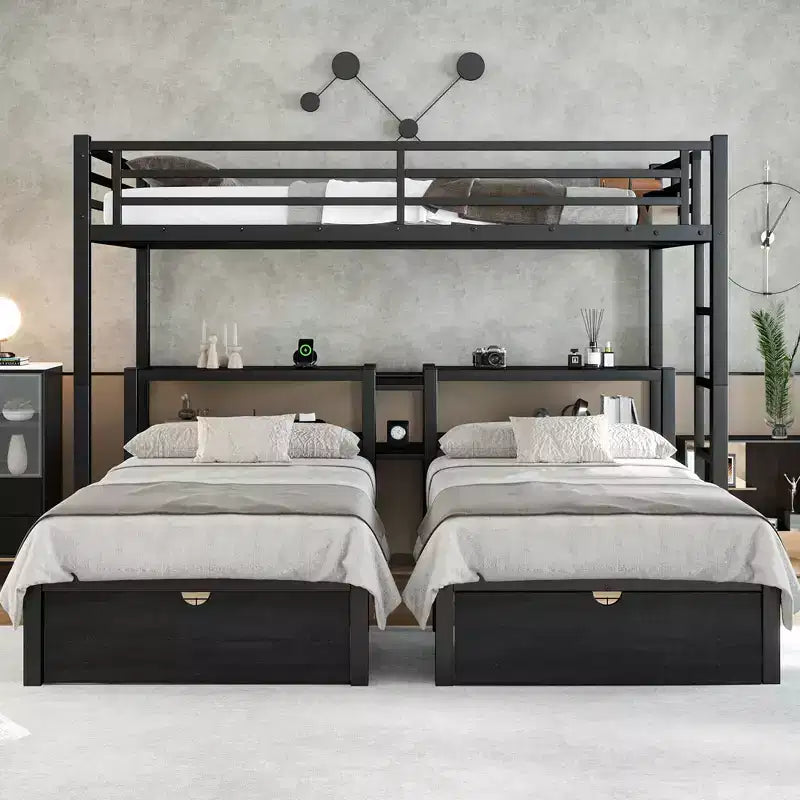 Lit superposé triple pour trois personnes XL au-dessus d'un lit simple et d'un lit simple avec tiroirs, lit en métal multifonctionnel, tête de lit avec étagère et port USB, noir