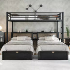 Lit superposé triple pour trois personnes XL au-dessus d'un lit simple et d'un lit simple avec tiroirs, lit en métal multifonctionnel, tête de lit avec étagère et port USB, noir