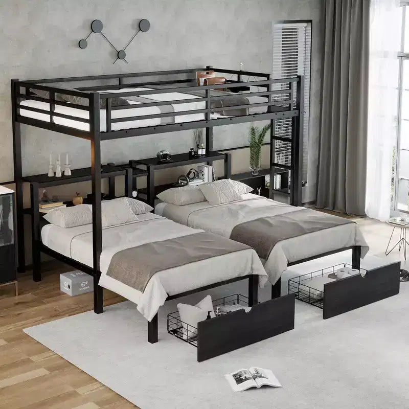 Lit superposé triple pour trois personnes XL au-dessus d'un lit simple et d'un lit simple avec tiroirs, lit en métal multifonctionnel, tête de lit avec étagère et port USB, noir