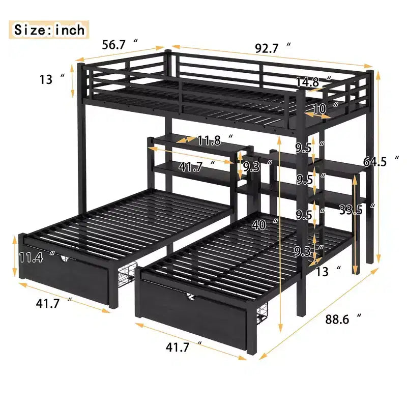 Lit superposé triple pour trois personnes XL au-dessus d'un lit simple et d'un lit simple avec tiroirs, lit en métal multifonctionnel, tête de lit avec étagère et port USB, noir