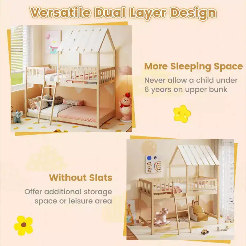 Lit superposé Costway simple sur simple avec toit, échelle et garde-corps pleine longueur pour enfants Naturel/Blanc