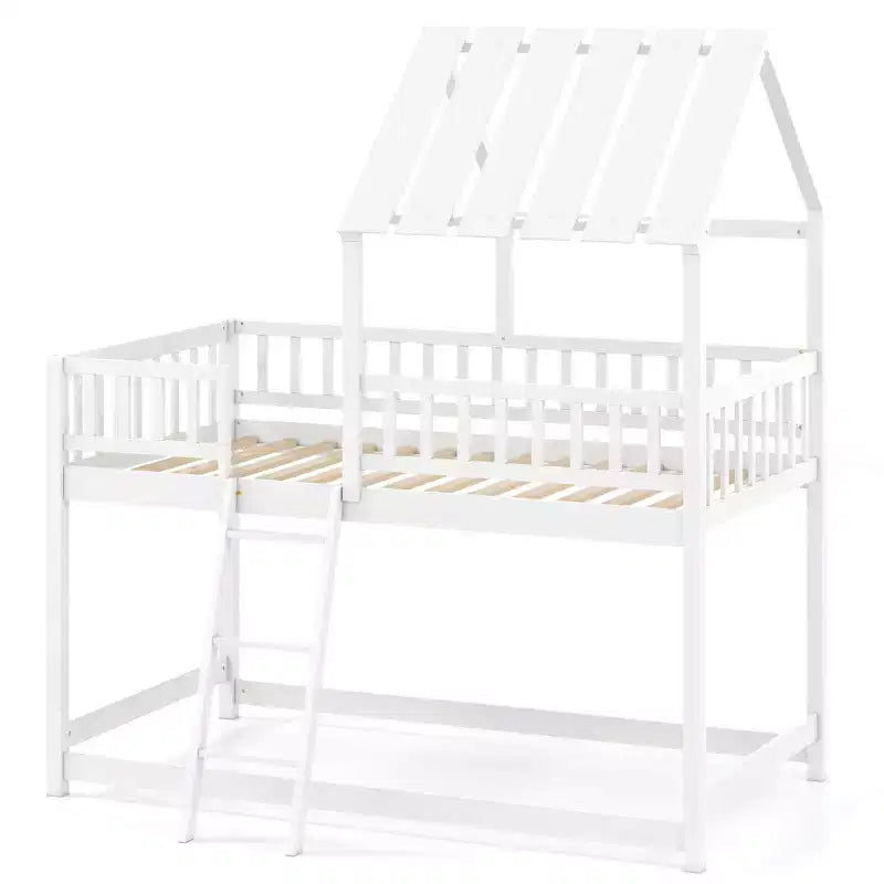 Lit superposé Costway simple sur simple avec toit, échelle et garde-corps pleine longueur pour enfants Naturel/Blanc