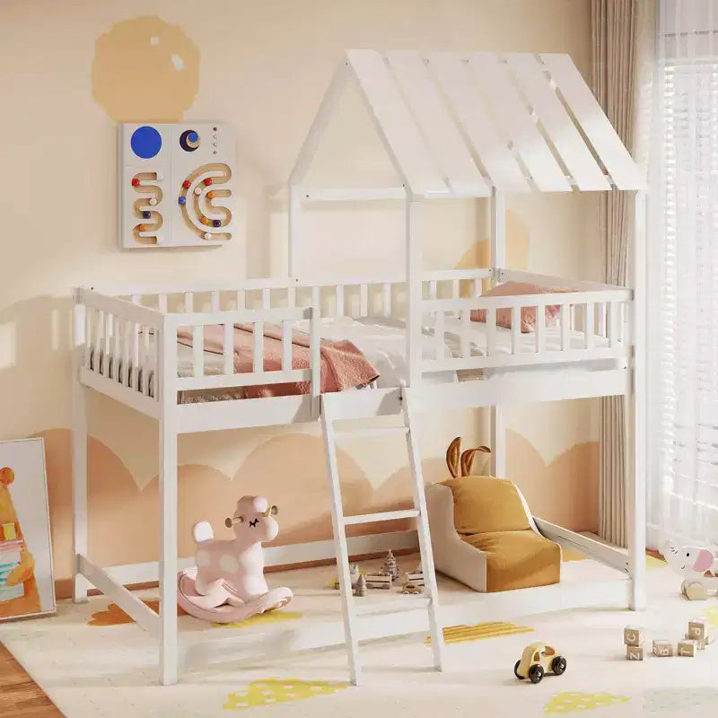 Lit superposé Costway simple sur simple avec toit, échelle et garde-corps pleine longueur pour enfants Naturel/Blanc