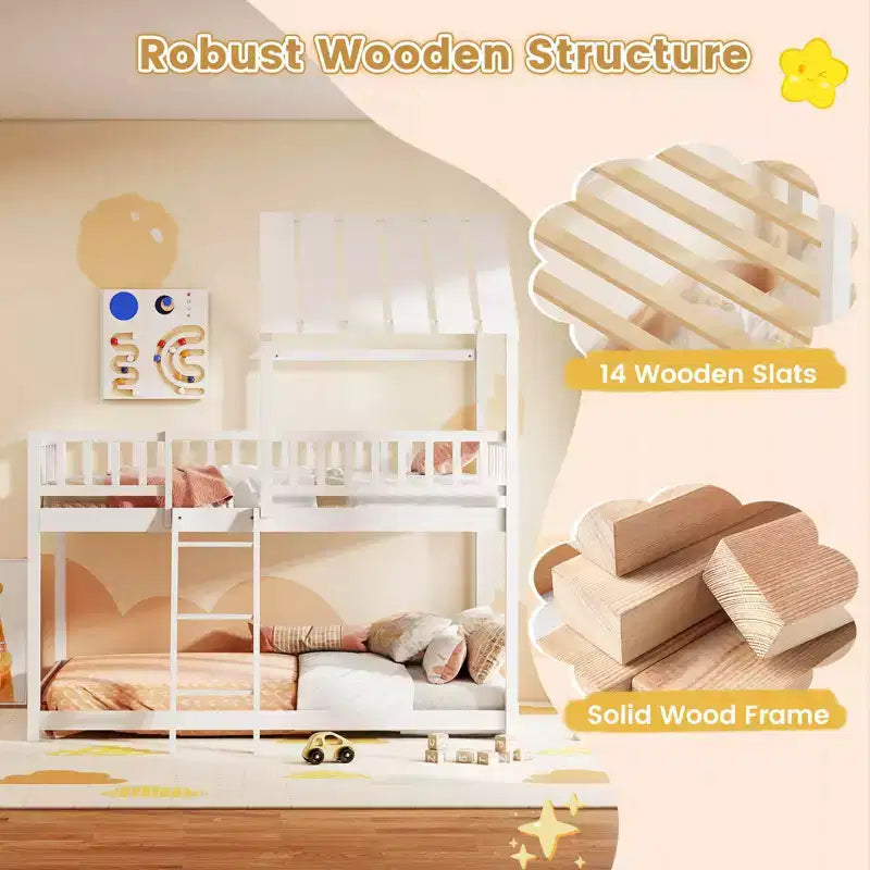 Lit superposé Costway simple sur simple avec toit, échelle et garde-corps pleine longueur pour enfants Naturel/Blanc