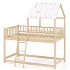 Lit superposé Costway simple sur simple avec toit, échelle et garde-corps pleine longueur pour enfants Naturel/Blanc