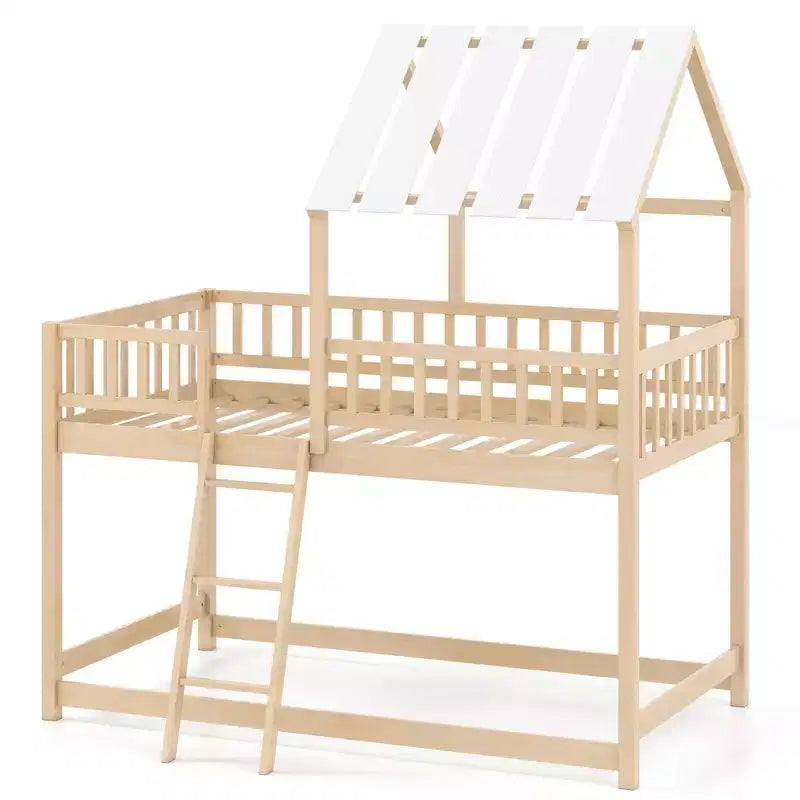 Lit superposé Costway simple sur simple avec toit, échelle et garde-corps pleine longueur pour enfants Naturel/Blanc