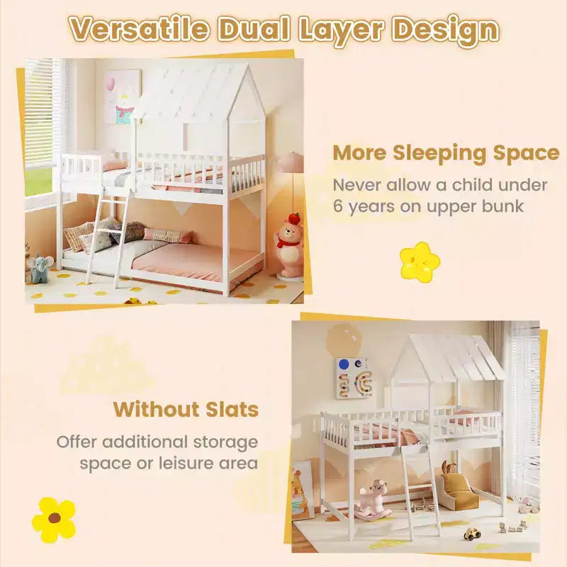 Lit superposé Costway simple sur simple avec toit, échelle et garde-corps pleine longueur pour enfants Naturel/Blanc