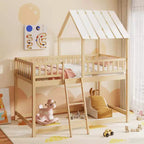 Lit superposé Costway simple sur simple avec toit, échelle et garde-corps pleine longueur pour enfants Naturel/Blanc