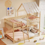 Lit superposé Costway simple sur simple avec toit, échelle et garde-corps pleine longueur pour enfants Naturel/Blanc