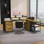 Okak 114IN Industrail L-Shaped Office Desk, Computer Desk with 6 Drawers, 3 Shelves and Movable Monitor Stands, Desk for Home, Office, Brown