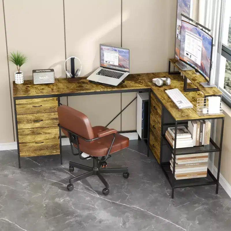 Okak 114IN Bureau d'angle industriel en L, bureau d'ordinateur avec 6 tiroirs, 3 étagères et supports d'écran mobiles, bureau pour la maison, le bureau, marron