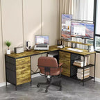 Okak 114IN Bureau d'angle industriel en L, bureau d'ordinateur avec 6 tiroirs, 3 étagères et supports d'écran mobiles, bureau pour la maison, le bureau, marron