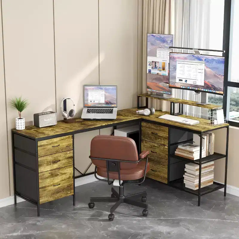 Okak 114IN Bureau d'angle industriel en L, bureau d'ordinateur avec 6 tiroirs, 3 étagères et supports d'écran mobiles, bureau pour la maison, le bureau, marron