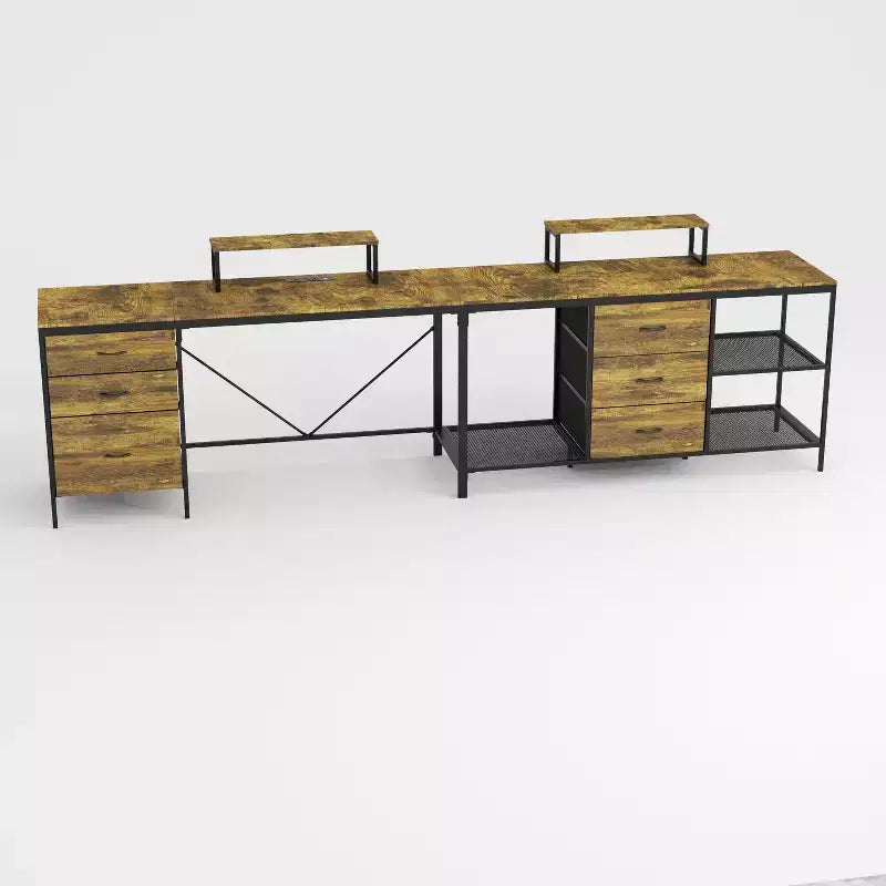 Okak 114IN Bureau d'angle industriel en L, bureau d'ordinateur avec 6 tiroirs, 3 étagères et supports d'écran mobiles, bureau pour la maison, le bureau, marron