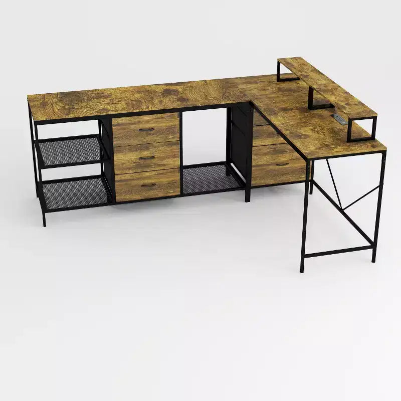 Okak 114IN Bureau d'angle industriel en L, bureau d'ordinateur avec 6 tiroirs, 3 étagères et supports d'écran mobiles, bureau pour la maison, le bureau, marron