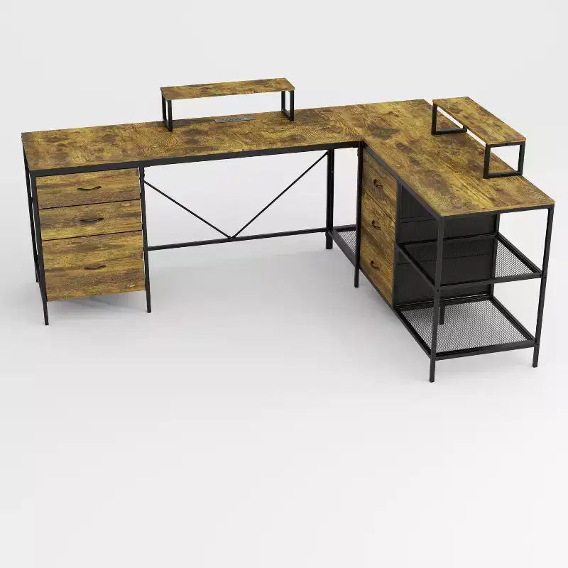 Okak 114IN Bureau d'angle industriel en L, bureau d'ordinateur avec 6 tiroirs, 3 étagères et supports d'écran mobiles, bureau pour la maison, le bureau, marron