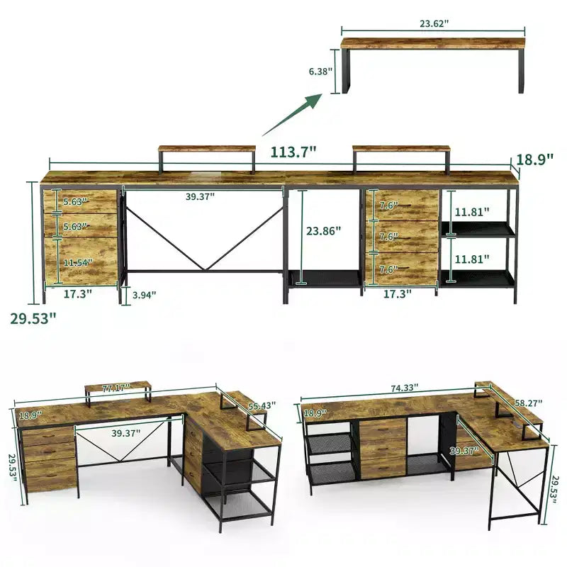 Okak 114IN Bureau d'angle industriel en L, bureau d'ordinateur avec 6 tiroirs, 3 étagères et supports d'écran mobiles, bureau pour la maison, le bureau, marron