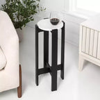 JONATHAN Y Elena Table d'appoint et table de boisson minimalistes en bois structuré avec plateau rond en marbre blanc (24 po)