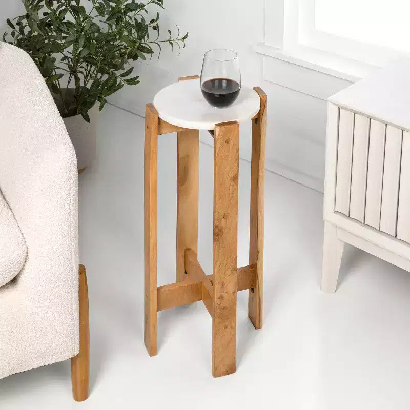 JONATHAN Y Elena Table d'appoint et table de boisson minimalistes en bois structuré avec plateau rond en marbre blanc (24 po)