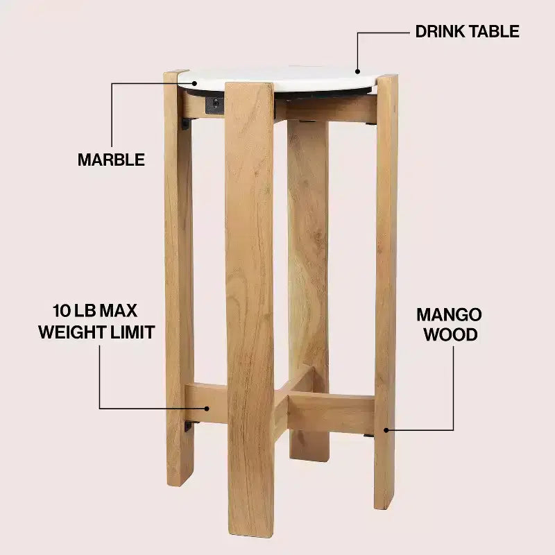 JONATHAN Y Elena Table d'appoint et table de boisson minimalistes en bois structuré avec plateau rond en marbre blanc (24 po)