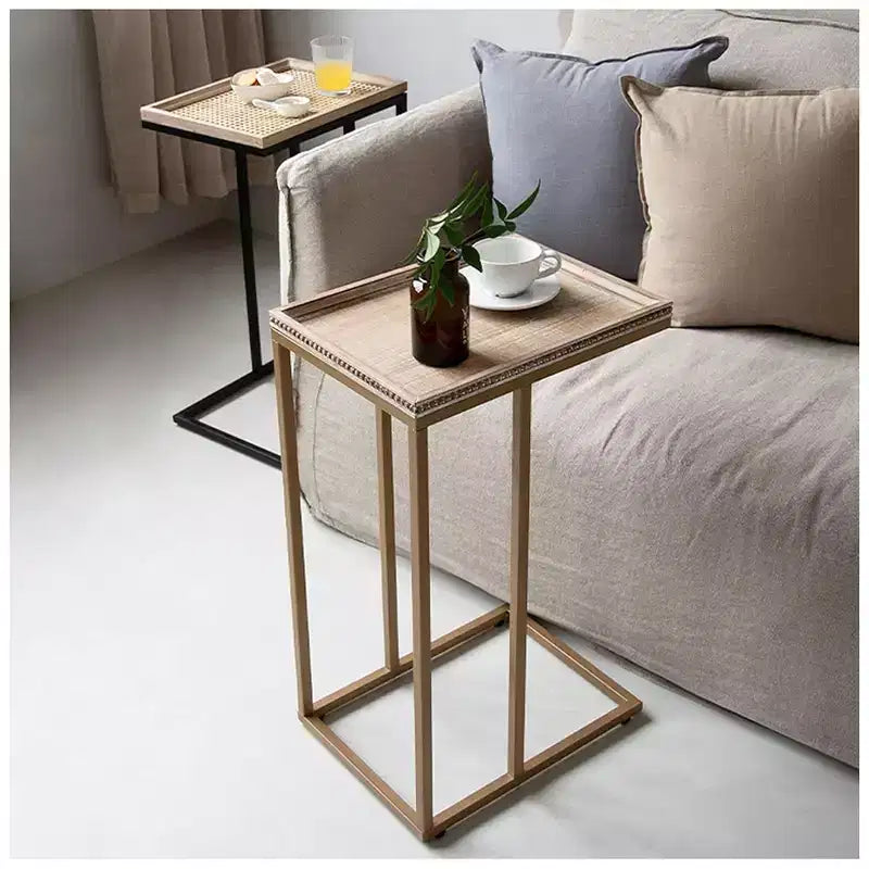 COZAYH Table d'appoint en bout de canapé, Meuble d'appoint avec plateau en rotin tissé, Noir