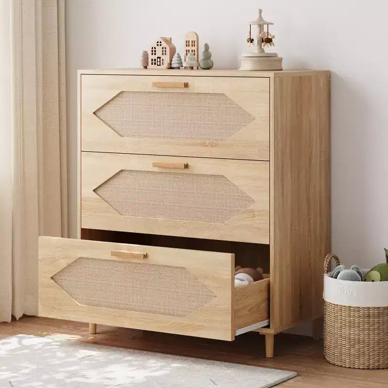 Commode à 3 tiroirs, Buffet moderne en bois avec tiroirs de rangement, Meuble TV style Ferme, Convient pour le salon, la chambre, Bois naturel