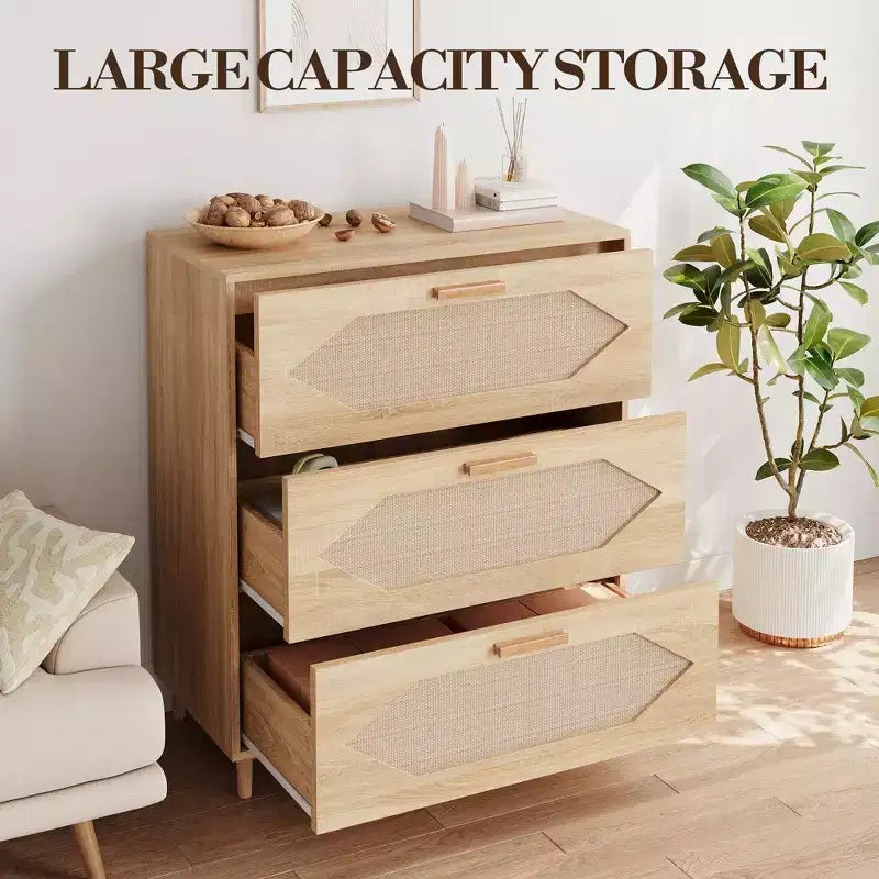 Commode à 3 tiroirs, Buffet moderne en bois avec tiroirs de rangement, Meuble TV style Ferme, Convient pour le salon, la chambre, Bois naturel