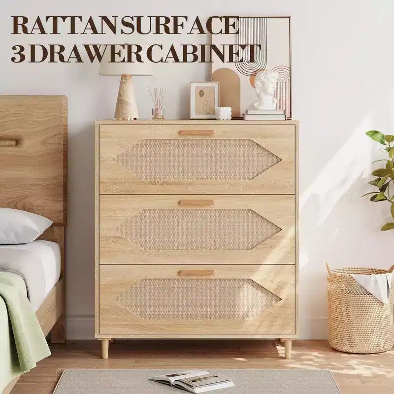 Commode à 3 tiroirs, Buffet moderne en bois avec tiroirs de rangement, Meuble TV style Ferme, Convient pour le salon, la chambre, Bois naturel