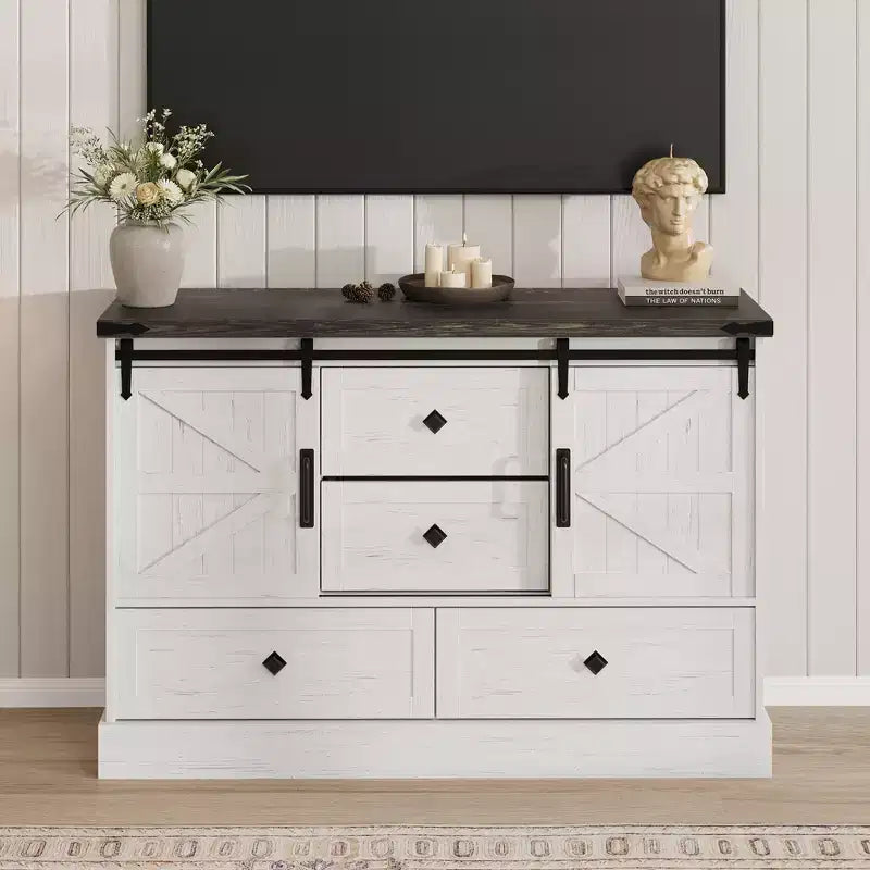 Commode à 4 tiroirs de style campagnard pour chambre à coucher, avec grands tiroirs et poignées barre, portes coulissantes de style grange pour placard, salon