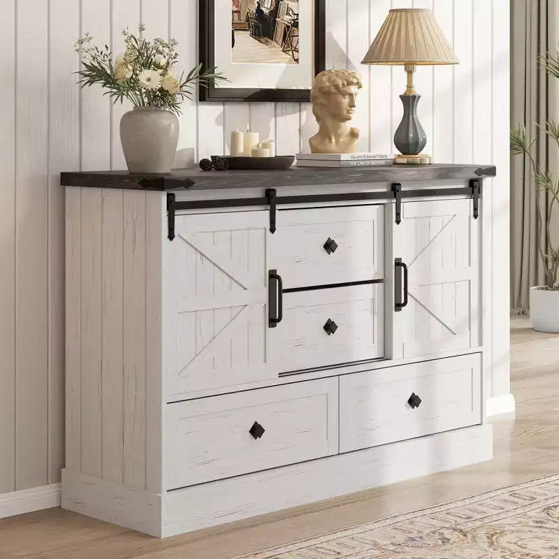 Commode à 4 tiroirs de style campagnard pour chambre à coucher, avec grands tiroirs et poignées barre, portes coulissantes de style grange pour placard, salon