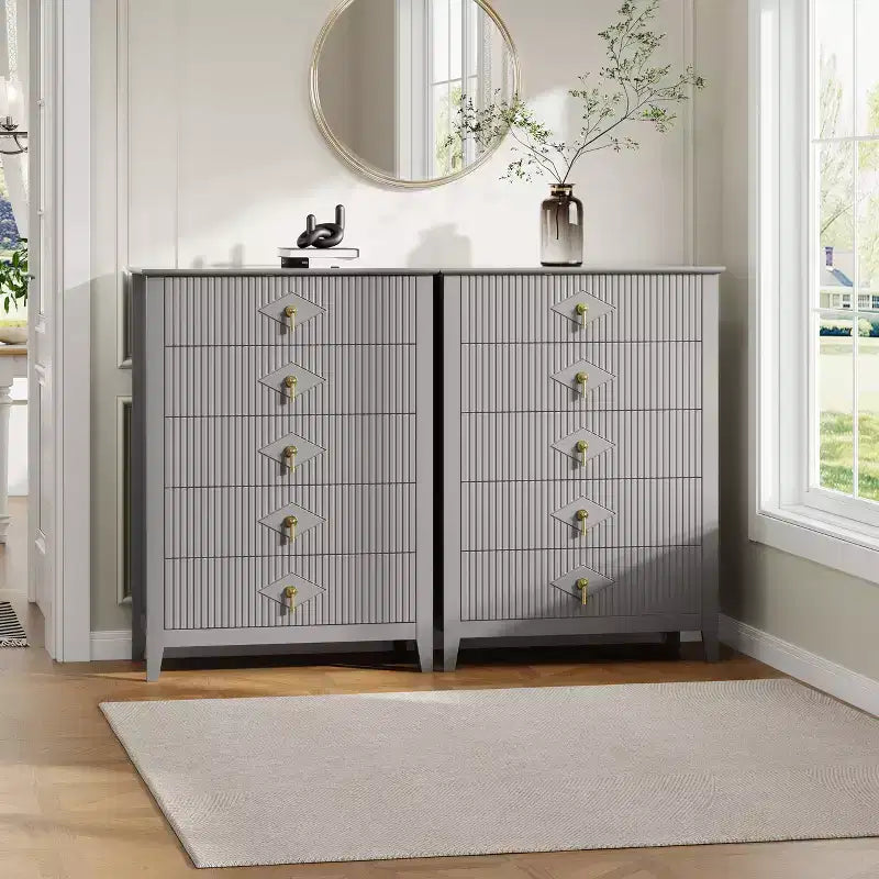 Commode 5 tiroirs, commode de chambre moderne en bois avec tiroirs de rangement, meuble TV de style ferme pour le salon, la chambre, le couloir