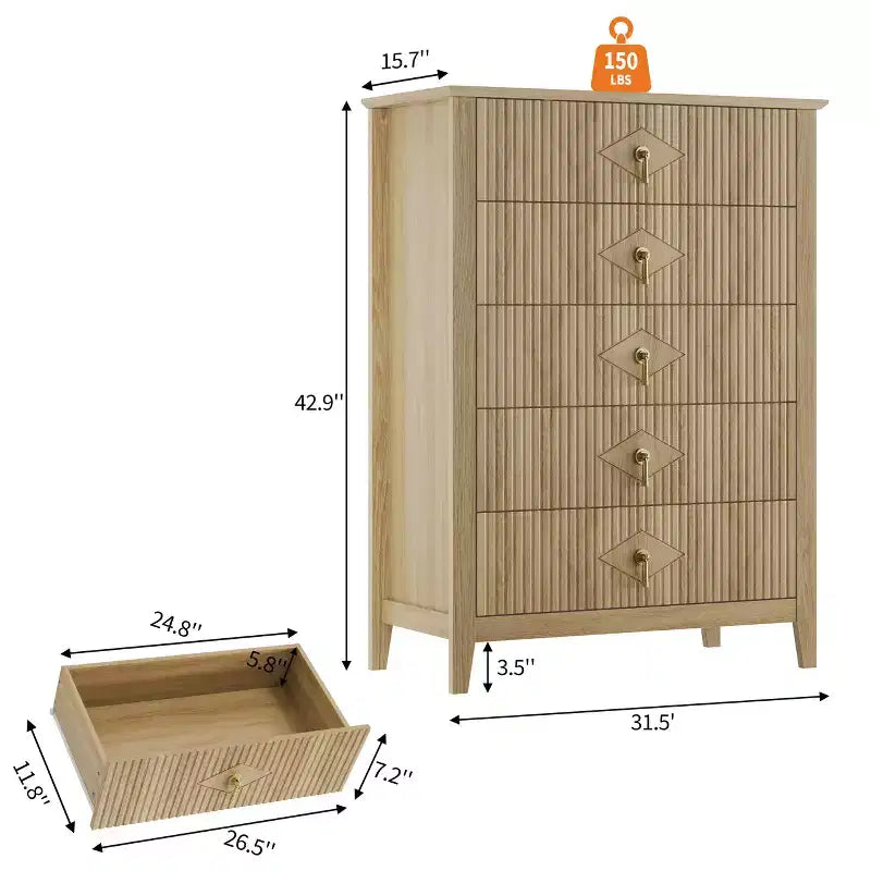 Commode 5 tiroirs, commode de chambre moderne en bois avec tiroirs de rangement, meuble TV de style ferme pour le salon, la chambre, le couloir