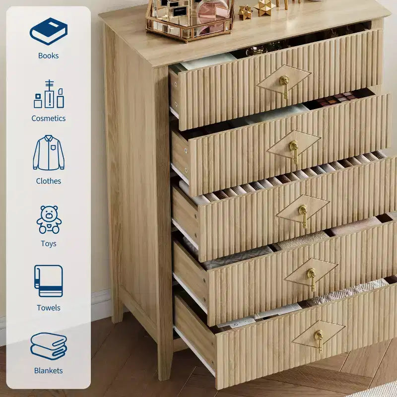 Commode 5 tiroirs, commode de chambre moderne en bois avec tiroirs de rangement, meuble TV de style ferme pour le salon, la chambre, le couloir