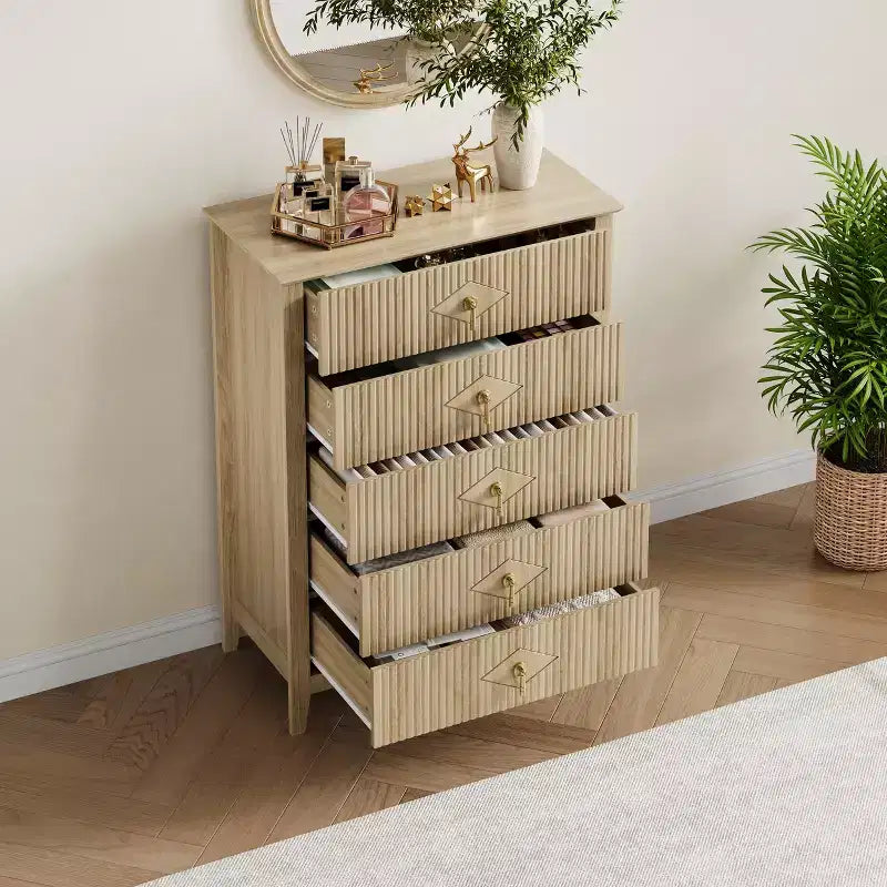 Commode 5 tiroirs, commode de chambre moderne en bois avec tiroirs de rangement, meuble TV de style ferme pour le salon, la chambre, le couloir