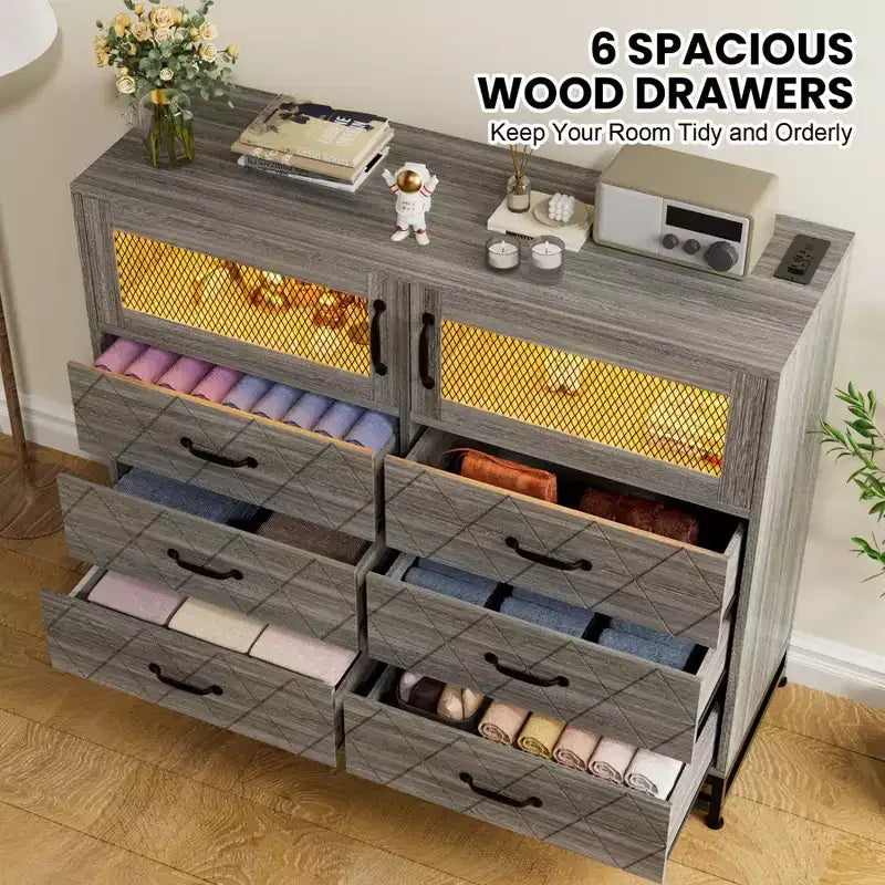Commode moderne à 6 tiroirs, commode à LED avec port de charge, commode en bois à 6 tiroirs avec étagère ouverte, armoire de rangement large multifonctionnelle pour chambre à coucher