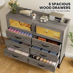 Commode moderne à 6 tiroirs, commode à LED avec port de charge, commode en bois à 6 tiroirs avec étagère ouverte, armoire de rangement large multifonctionnelle pour chambre à coucher