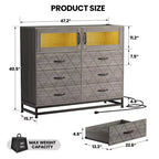 Commode moderne à 6 tiroirs, commode à LED avec port de charge, commode en bois à 6 tiroirs avec étagère ouverte, armoire de rangement large multifonctionnelle pour chambre à coucher