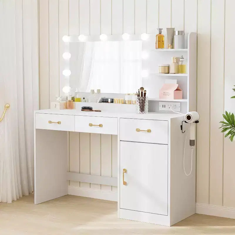 Vanity Desk with Mirror, LED Lights and Power Outlet Makeup Table with 3 Drawers and Storage Shelves Dressing Table for Bedroom Dressing Room