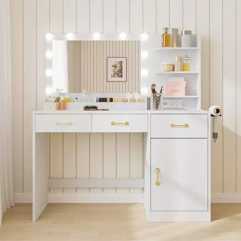 Coiffeuse avec miroir, lumières LED et prise électrique, table de maquillage avec 3 tiroirs et étagères de rangement, pour chambre à coucher ou dressing