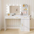 Coiffeuse avec miroir, lumières LED et prise électrique, table de maquillage avec 3 tiroirs et étagères de rangement, pour chambre à coucher ou dressing