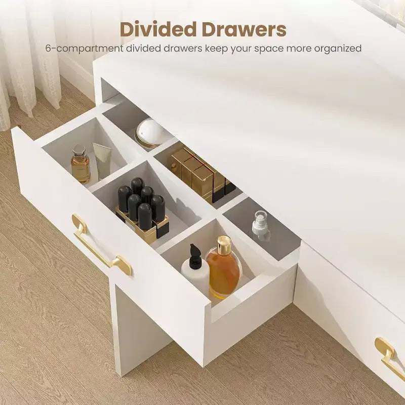 Coiffeuse avec miroir, lumières LED et prise électrique, table de maquillage avec 3 tiroirs et étagères de rangement, pour chambre à coucher ou dressing