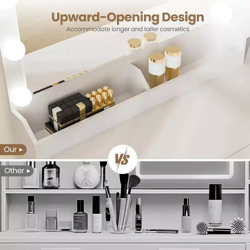 Coiffeuse avec miroir, lumières LED et prise électrique, table de maquillage avec 3 tiroirs et étagères de rangement, pour chambre à coucher ou dressing