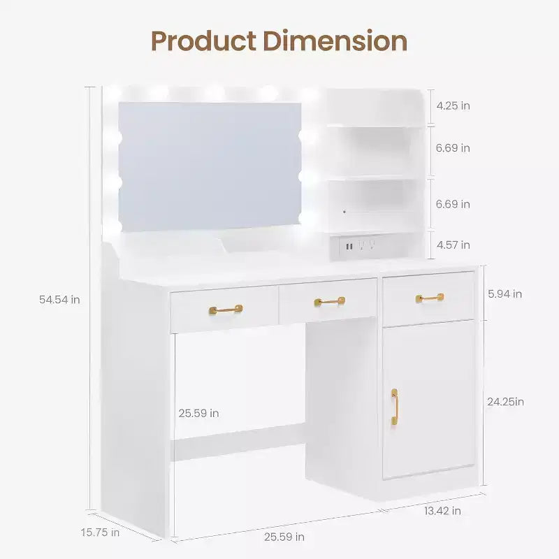 Coiffeuse avec miroir, lumières LED et prise électrique, table de maquillage avec 3 tiroirs et étagères de rangement, pour chambre à coucher ou dressing
